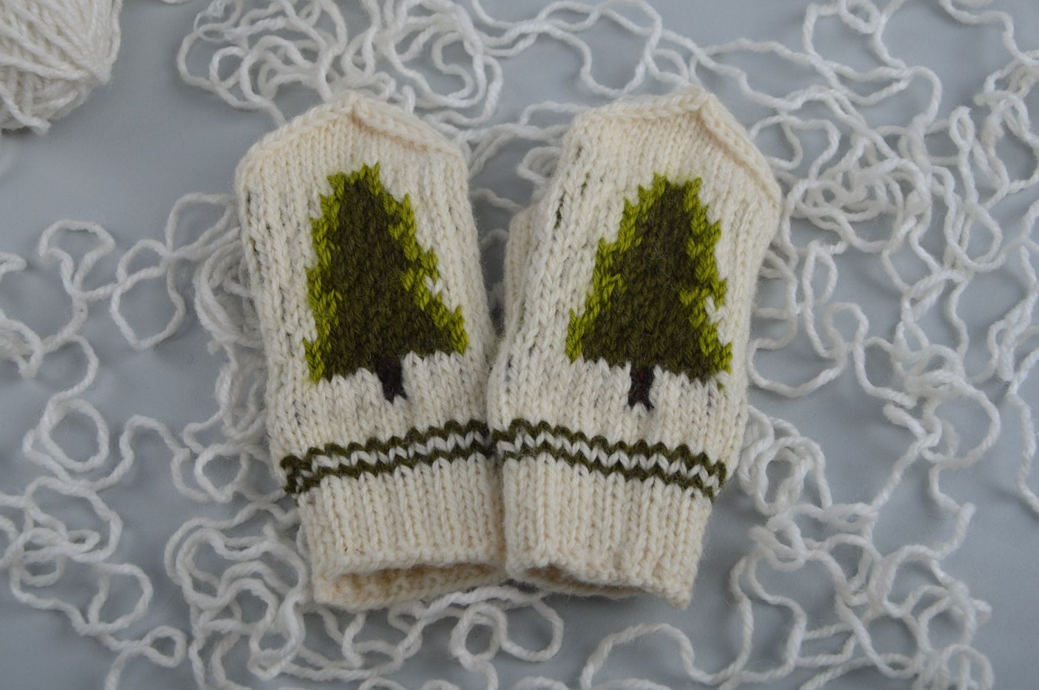 Handmade small mittens knitted of natural wool with fir trees Christmas present photo 1