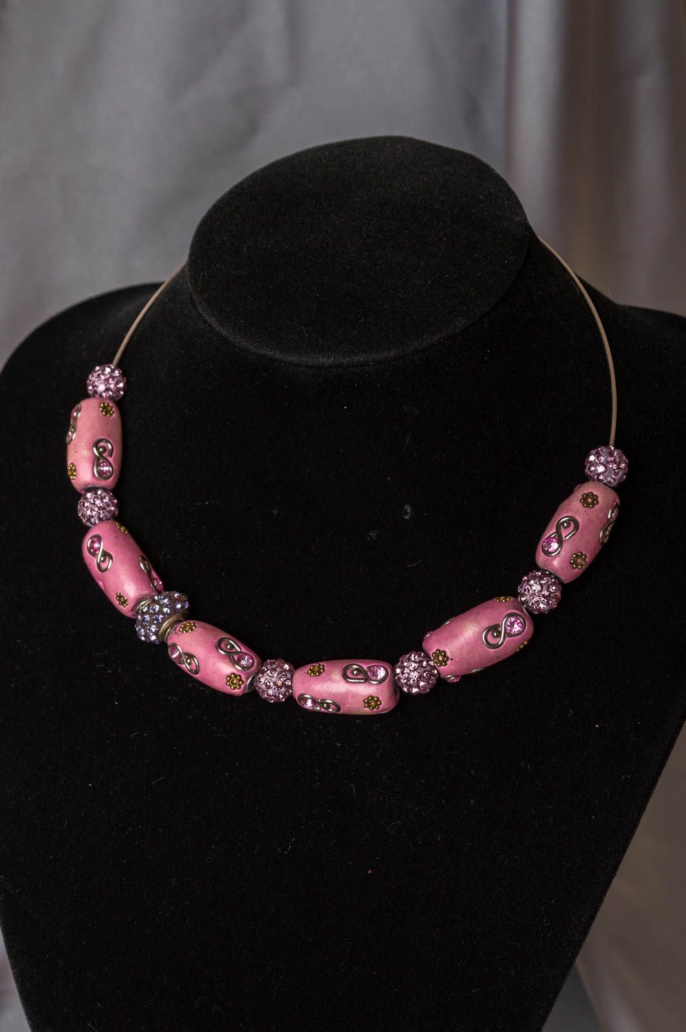 Handmade necklace made of polymer clay and crystals beaded jewelry for women photo 1