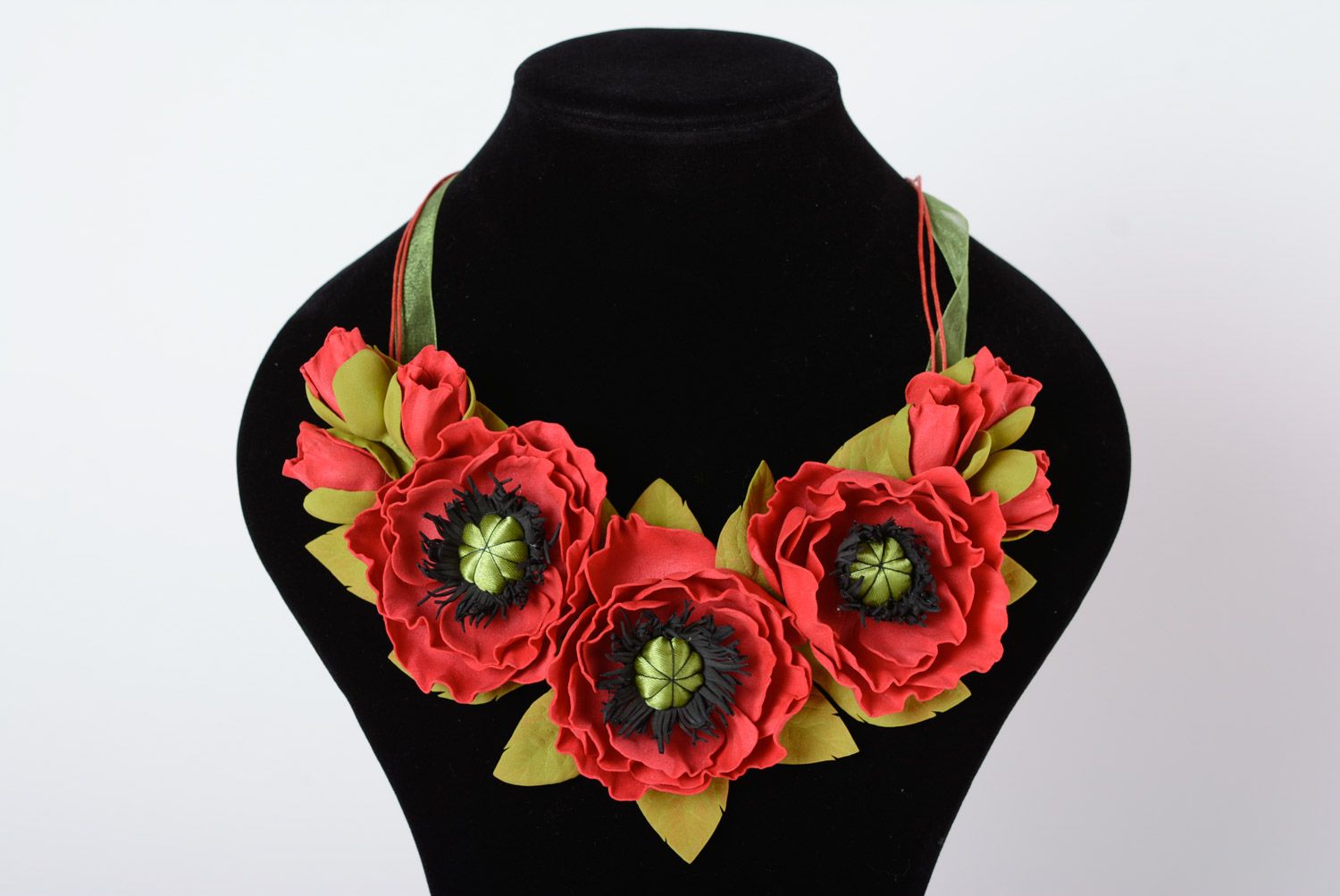 Handmade beautiful designer necklace made of suede red poppy flowers present for girl photo 1