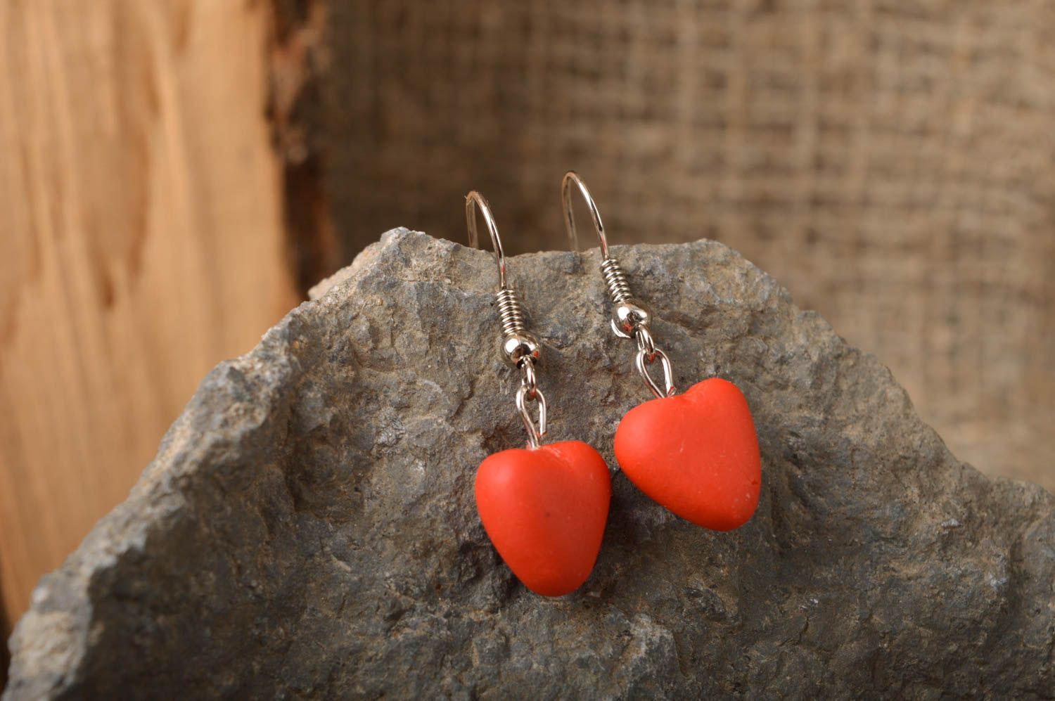Handmade laconic romantic dangle earrings with small cold porcelain red hearts photo 1