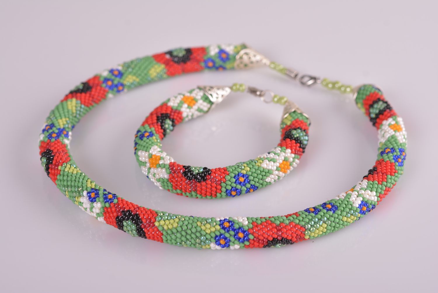 Handmade beaded jewelry set beaded cord bracelet beaded cord necklace gift ideas photo 1