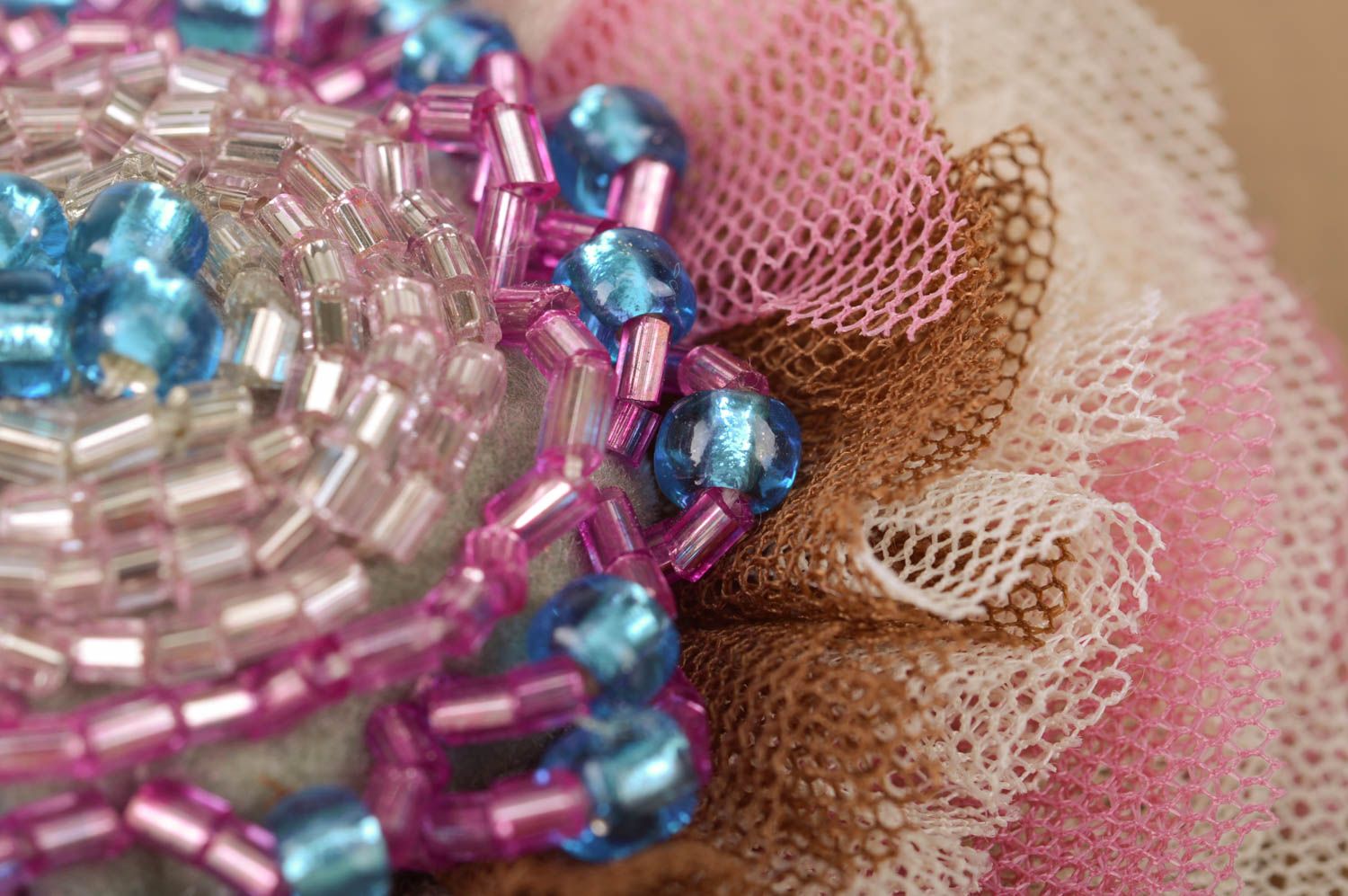 Handmade textile hairpin brooch made of tulle with beads in pastel shades photo 4