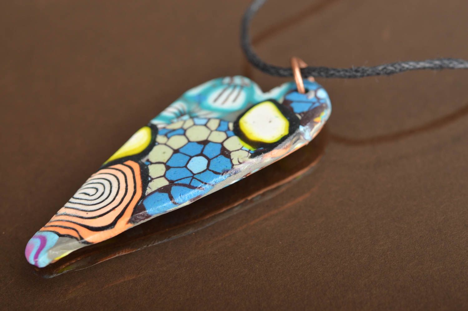 Handmade polymer clay pendant in the form of multi-colored heart on long cord photo 4