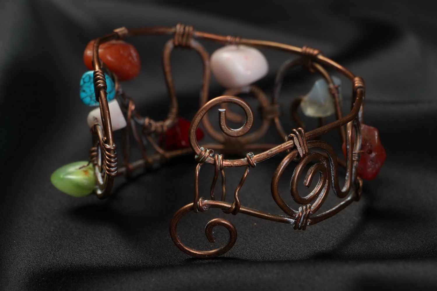 Wide Bracelet Made of Copper with Natural Stones photo 3