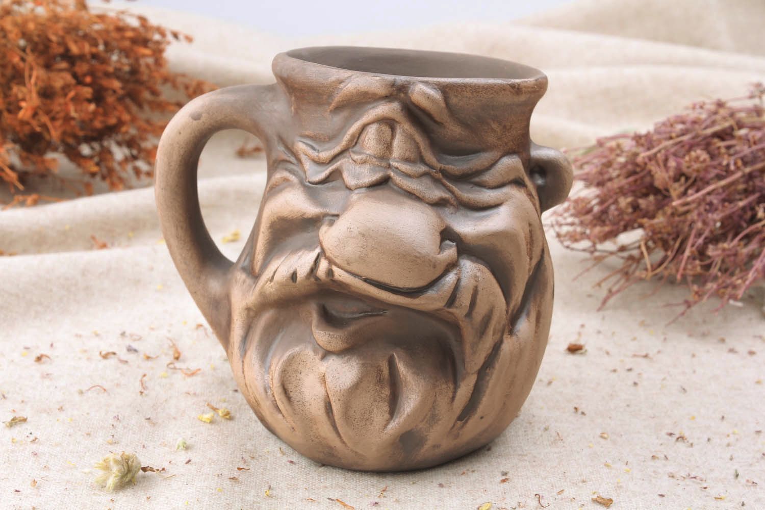 Custom ceramic coffee cup in the shape of old man face with handle in light-brown color 1 lb photo 1
