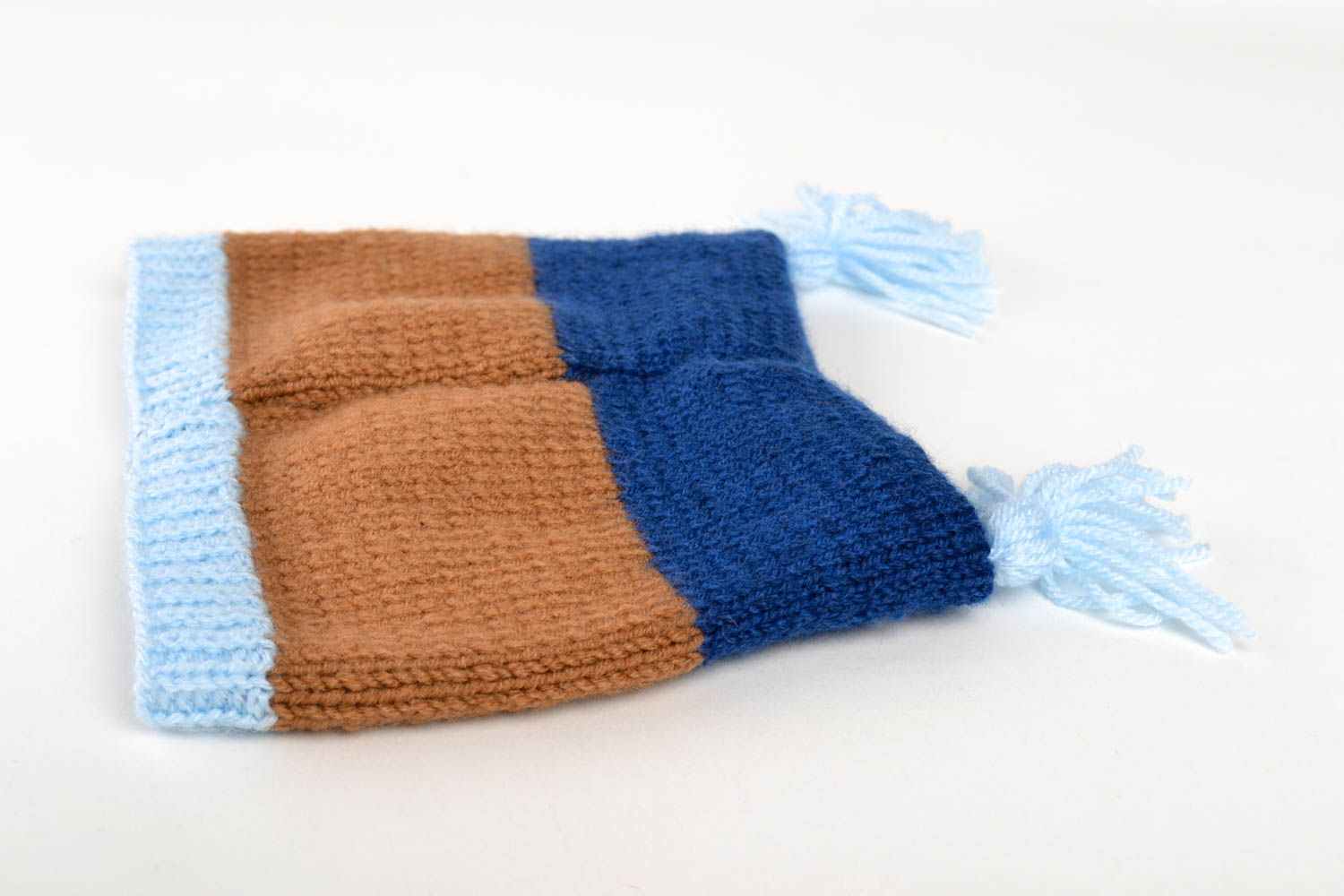 Bonnet tricot Chapeau fait main en laine bleu marron Vêtement enfant Hibou photo 4