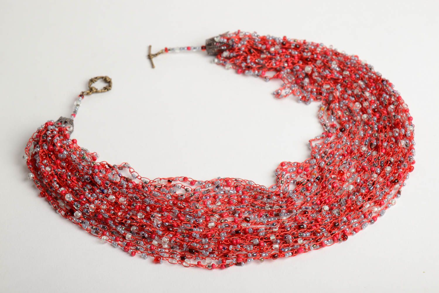 Handmade long airy multi row necklace crocheted of beads in red color palette photo 3