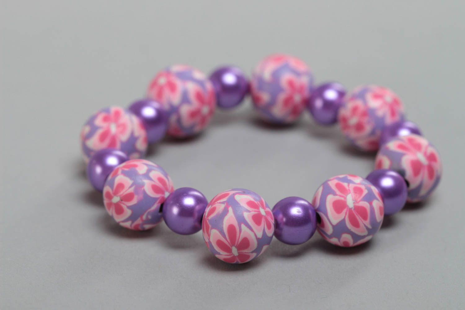 Violet handmade children's polymer clay wrist bracelet with beads photo 2