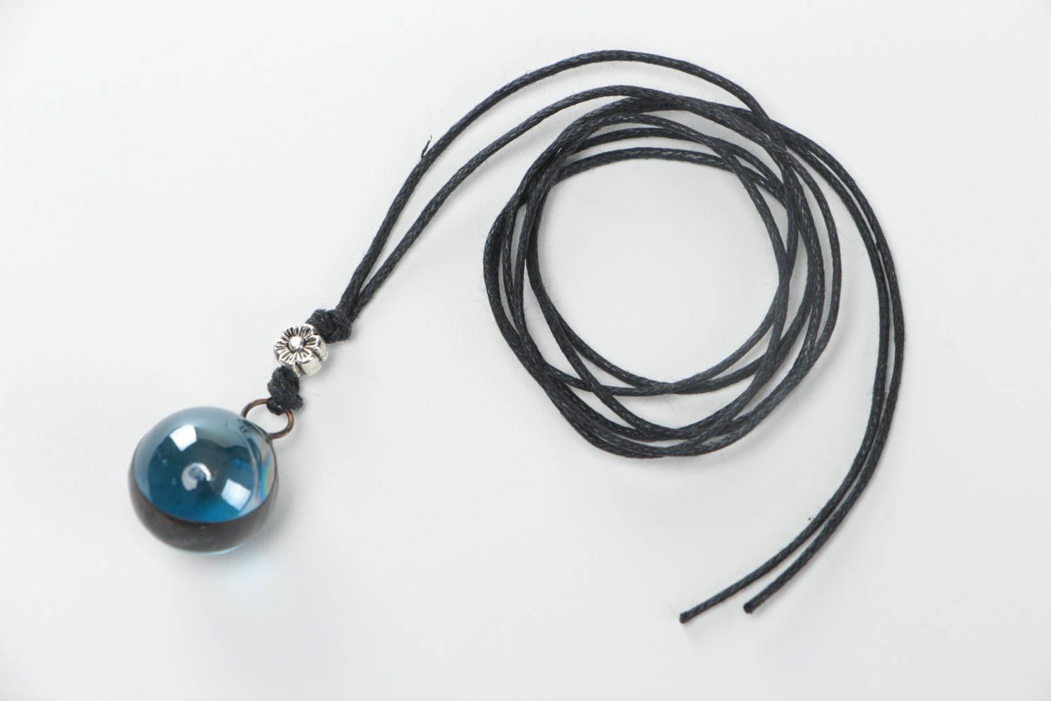 Unusual beautiful handmade gray tin and glass ball pendant on cord photo 2