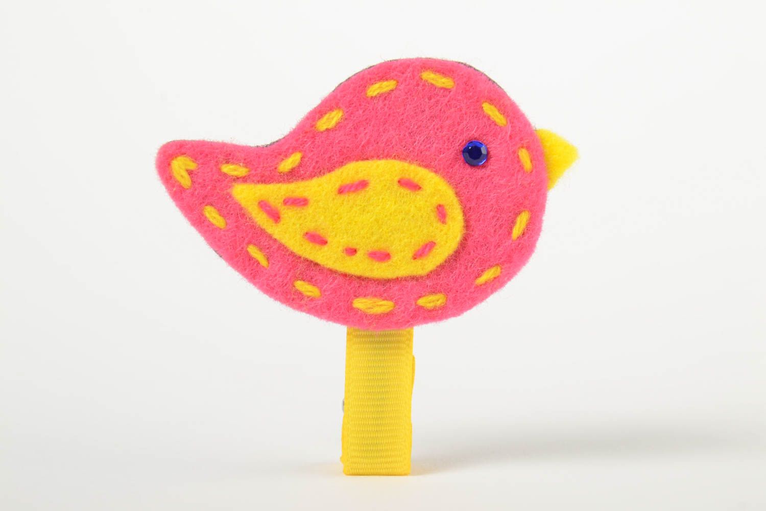 Детская заколка для волос в виде птички из флиса и репсовой ленты розовая хенд мейд фото 2