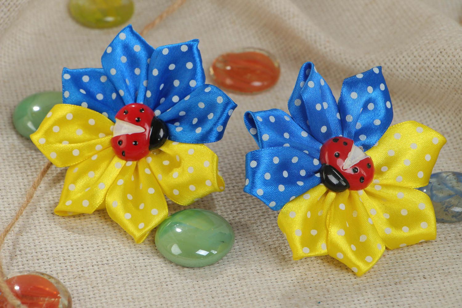 Handmade set of scrunchies made of satin ribbons yellow-blue flowers 2 pieces photo 1