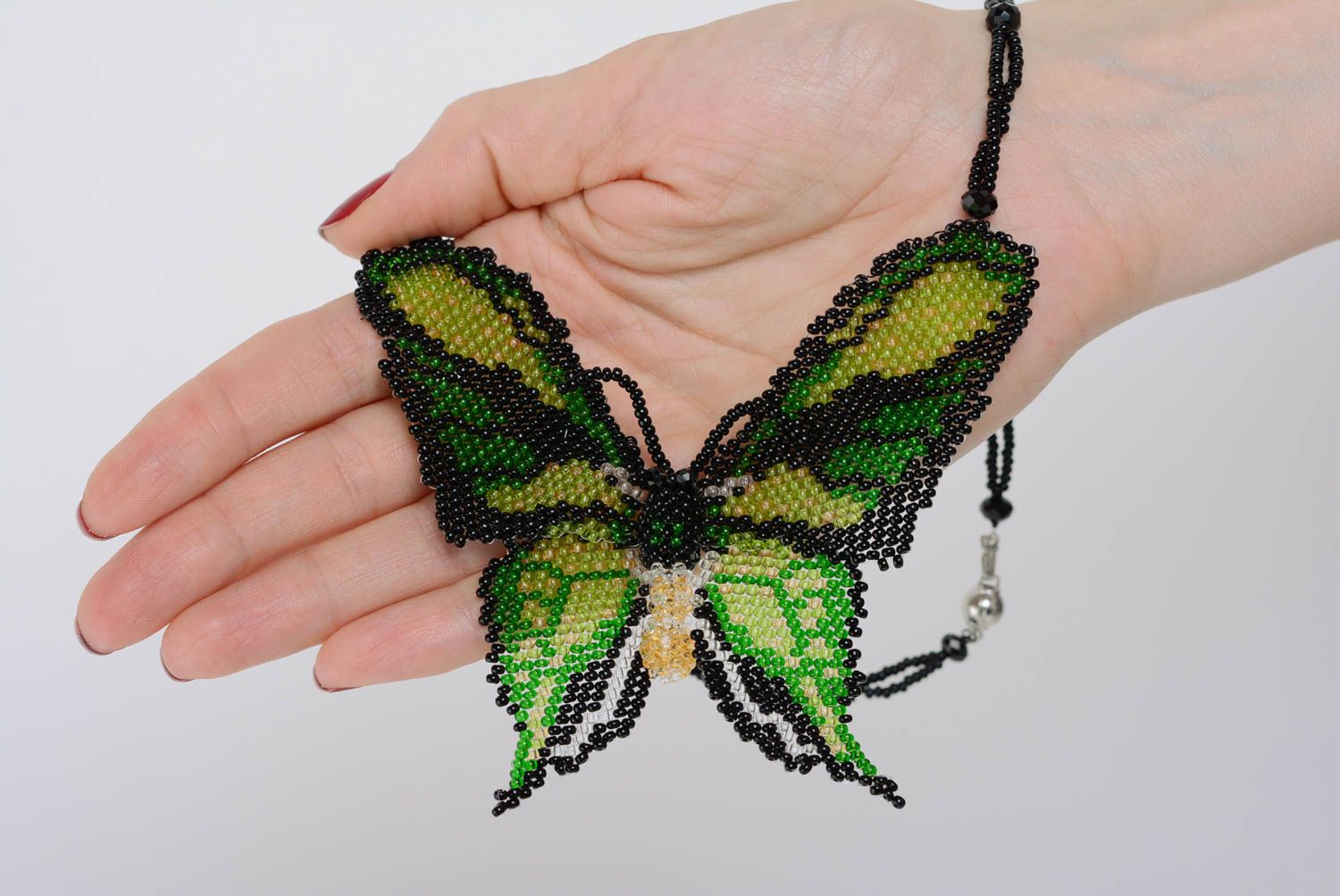 Beaded necklace with green butterfly beautiful handmade designer accessory photo 2