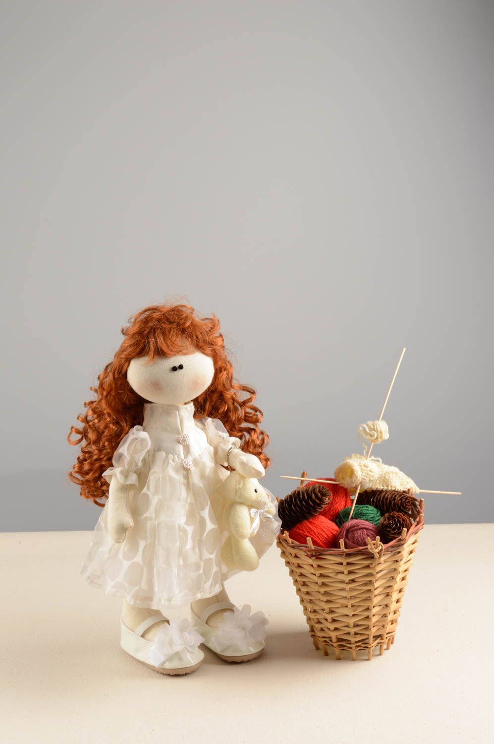 Handmade designer soft doll sewn of linen cute girl with curly hair in dress photo 1