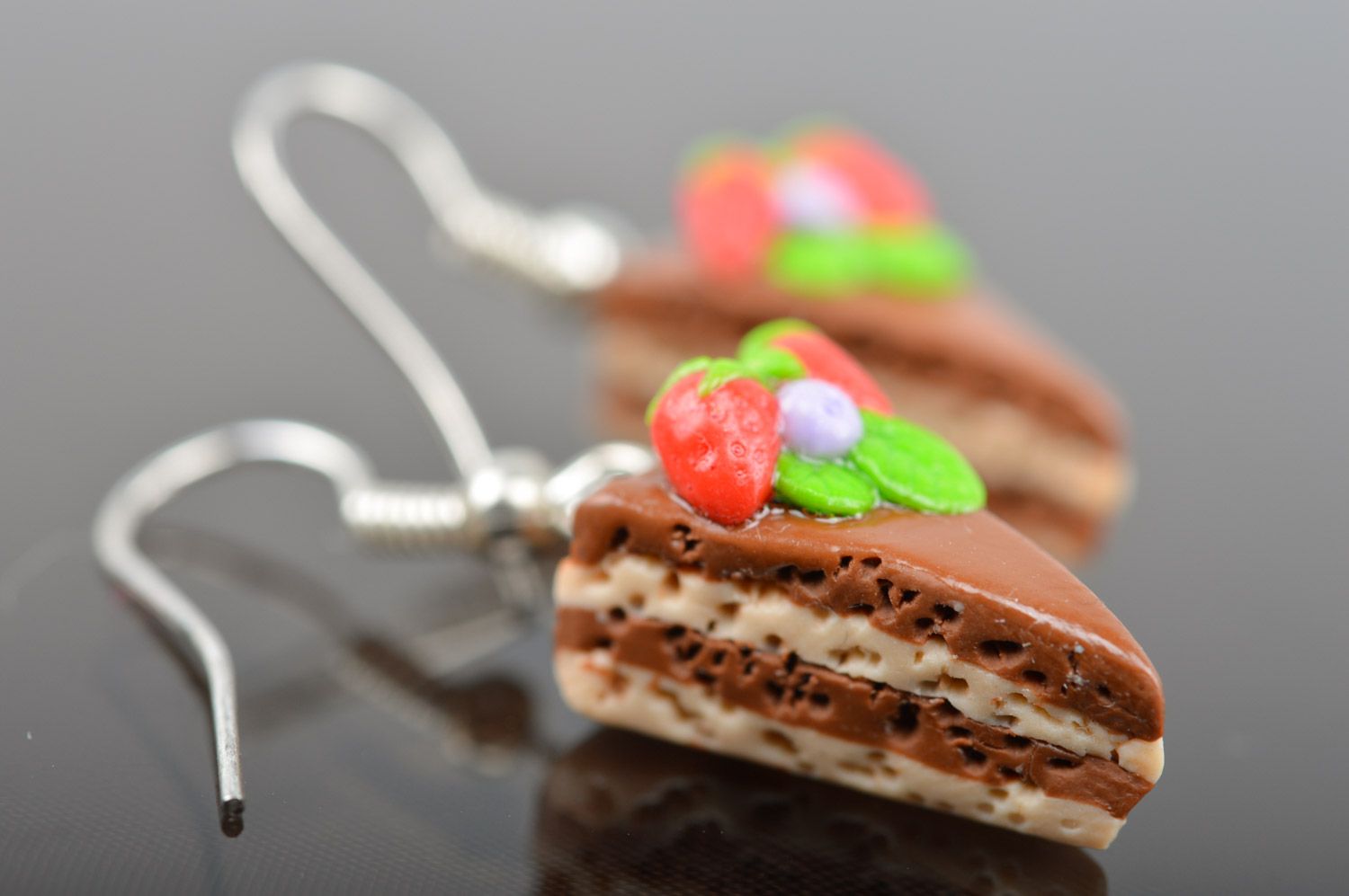 Bright women's handmade polymer clay earrings in the shape of cakes with berries photo 4