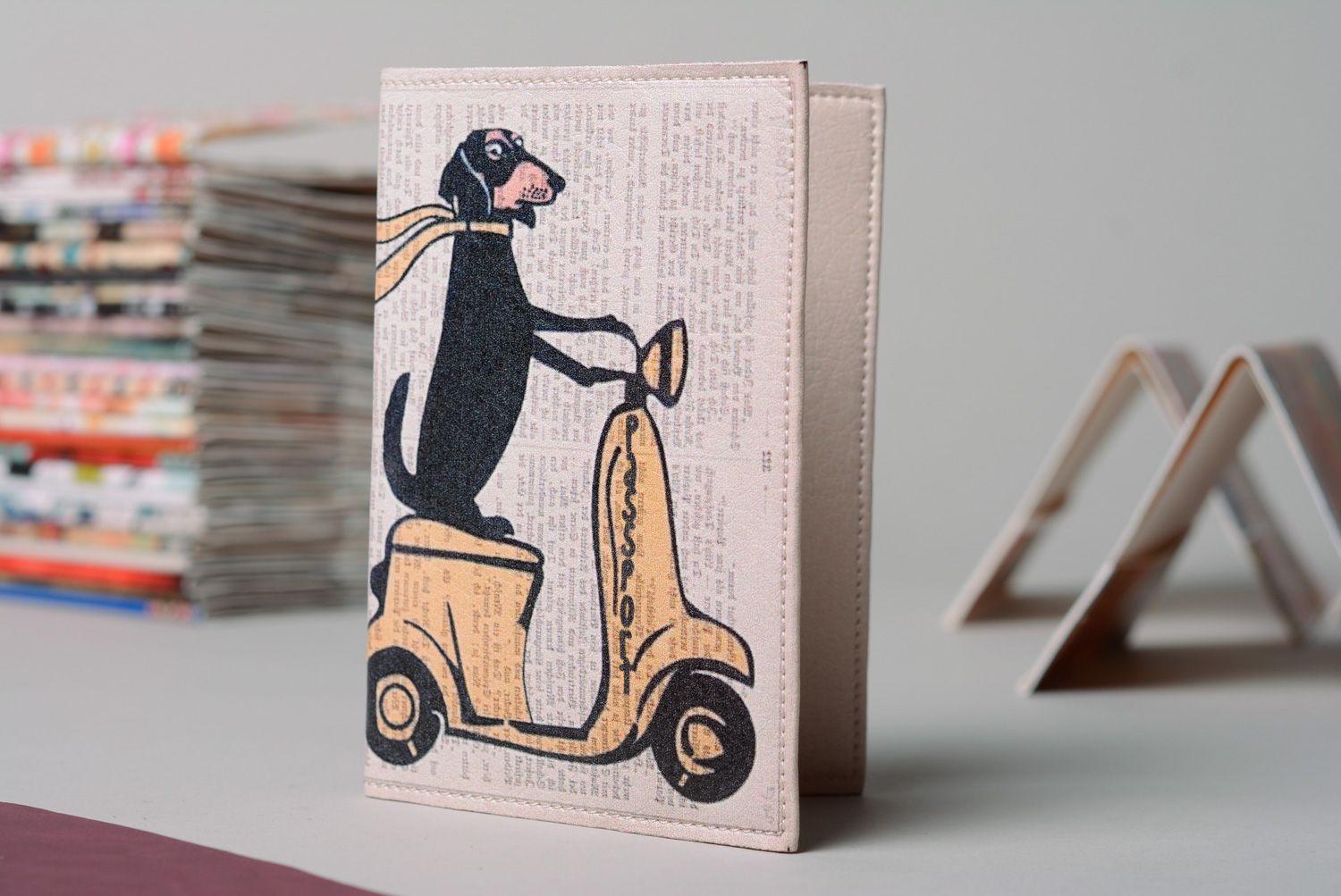 Handmade leather passport cover Dog Riding Moped photo 1