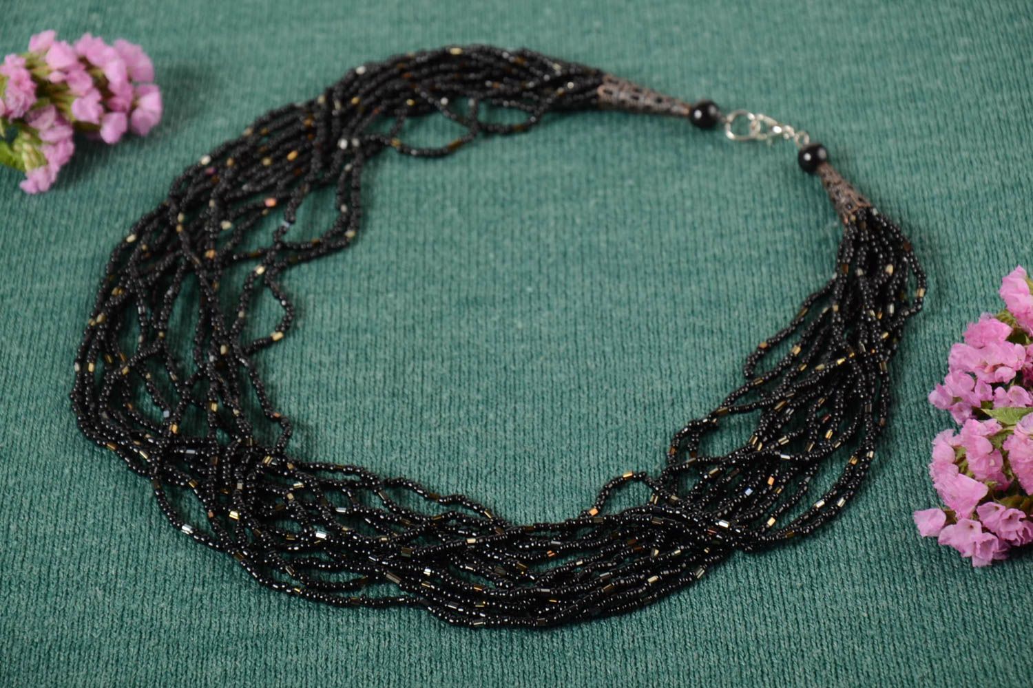 Ожерелье из чешского бисера многорядное авторское черное ручной работы фото 1