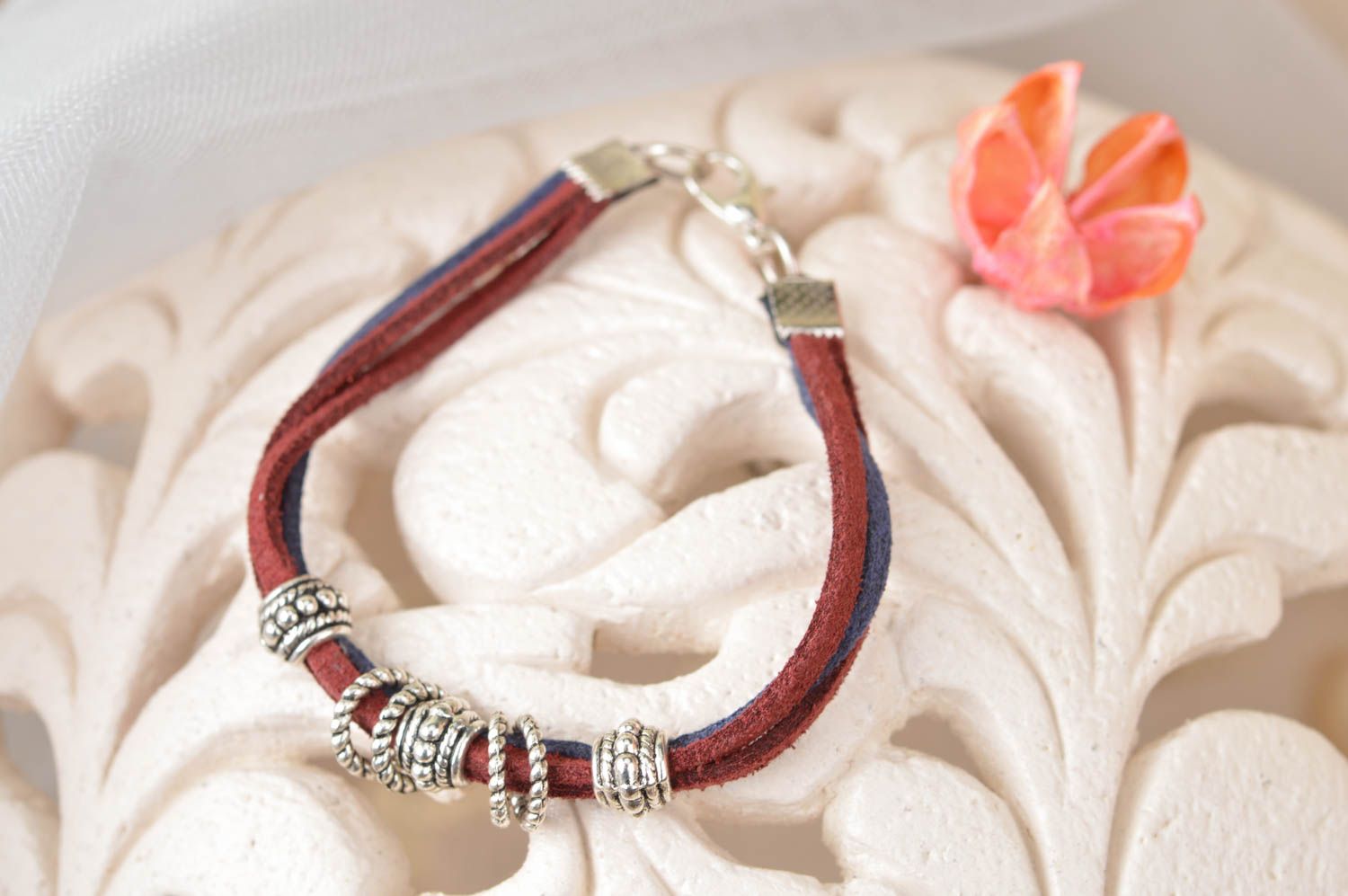 Beautiful claret and blue handmade designer suede cord bracelet with inserts photo 1