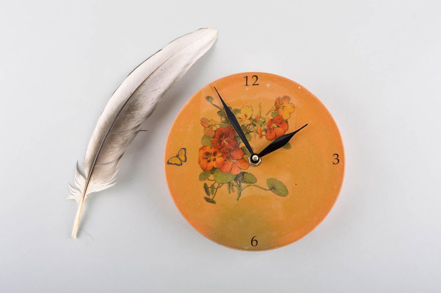 Horloge céramique faite main Horloge ronde avec fleurs Décoration maison photo 1