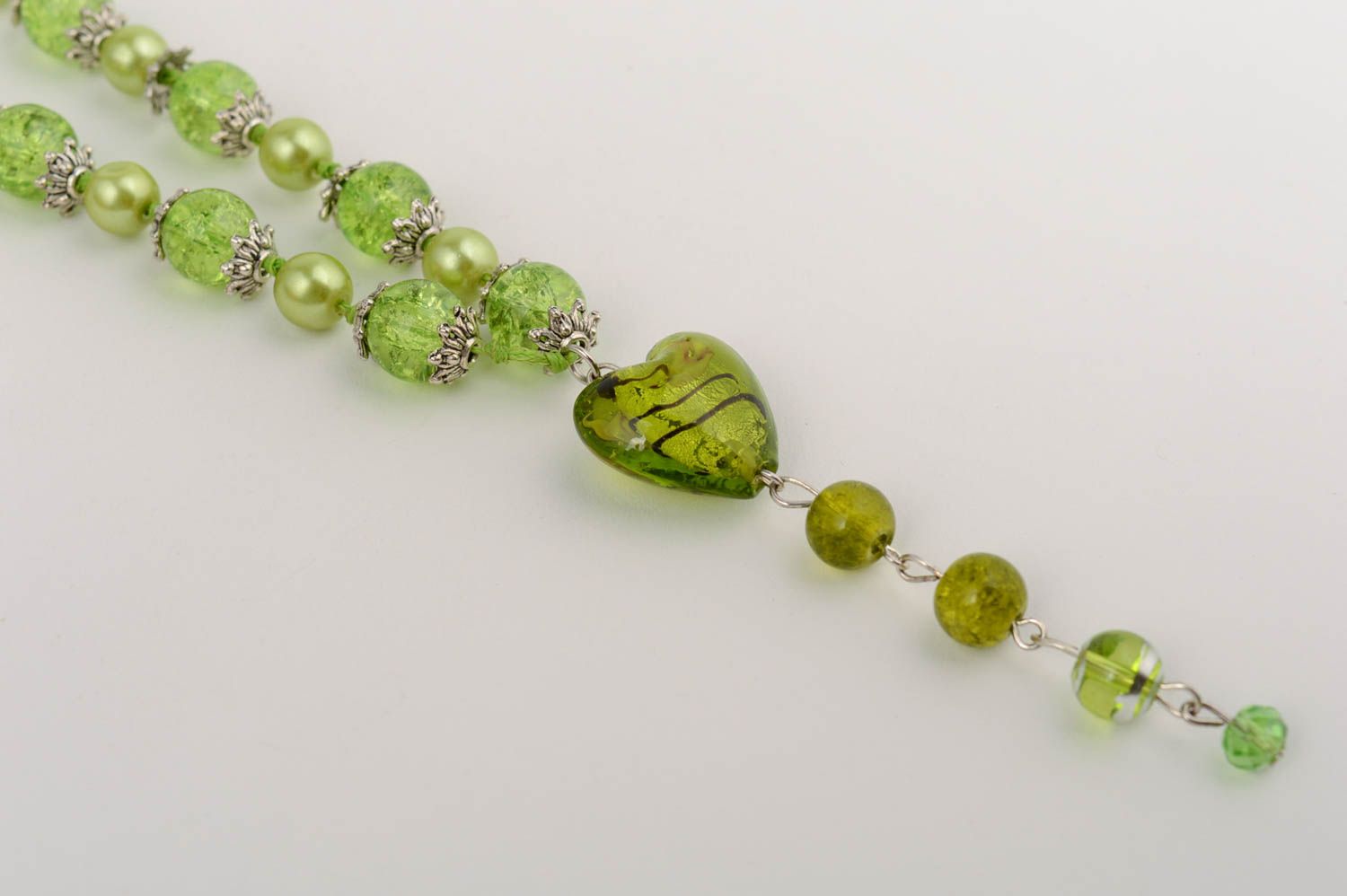 Handmade designer long necklace with green glass beads and ceramic pearls  photo 3