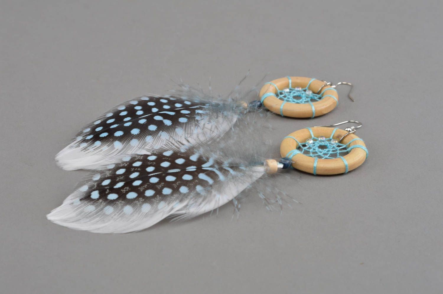 Handmade unusual Dreamcatcher earrings with cute feathers of guinea hen photo 2