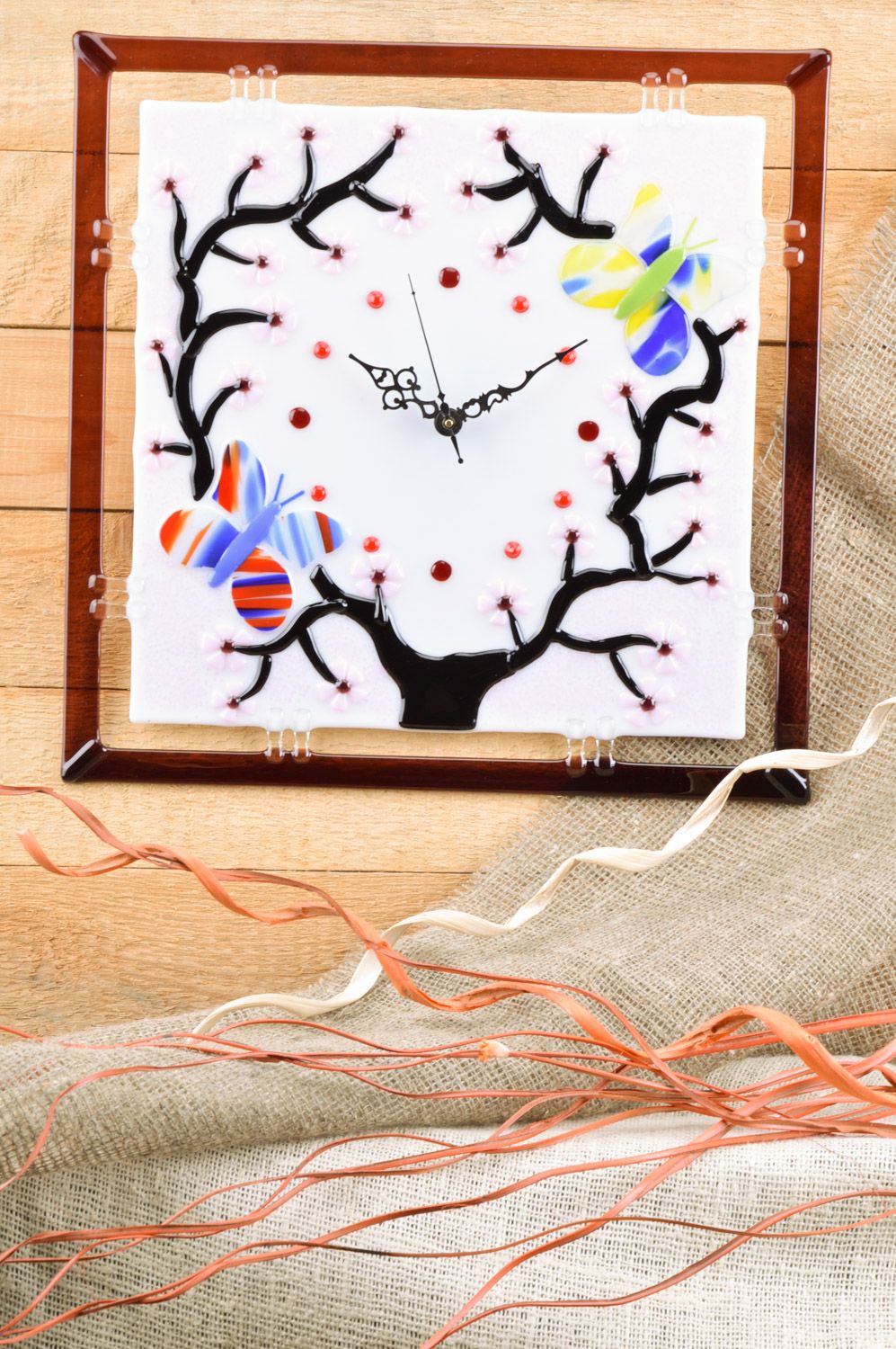 Handmade fused glass wall cloth of square shape Japanese Sakura in Orient style photo 1