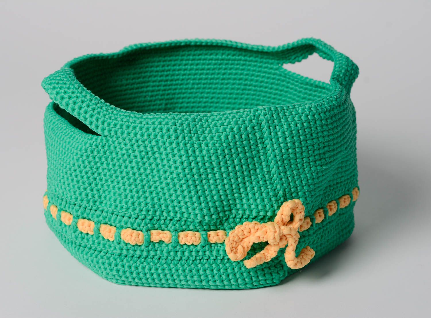 Handmade decorative basket crocheted of green synthetic threads with handles photo 5