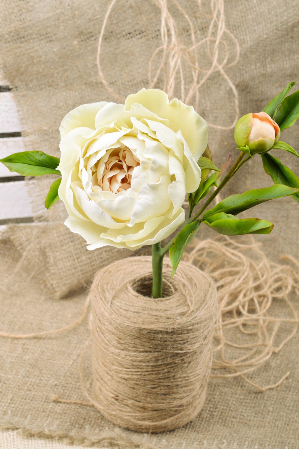 Handmade large artificial polymer clay peony flower of cream color interior decor photo 1