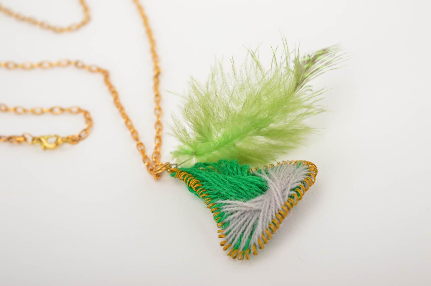 Beautiful handmade textile pendant with feathers wire pendant necklace photo 2
