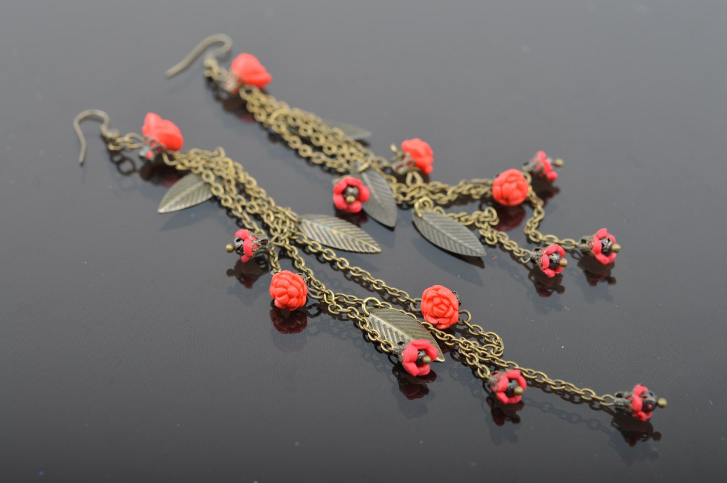 Handmade long earrings with metal chains and leaves and small polymer clay roses photo 3