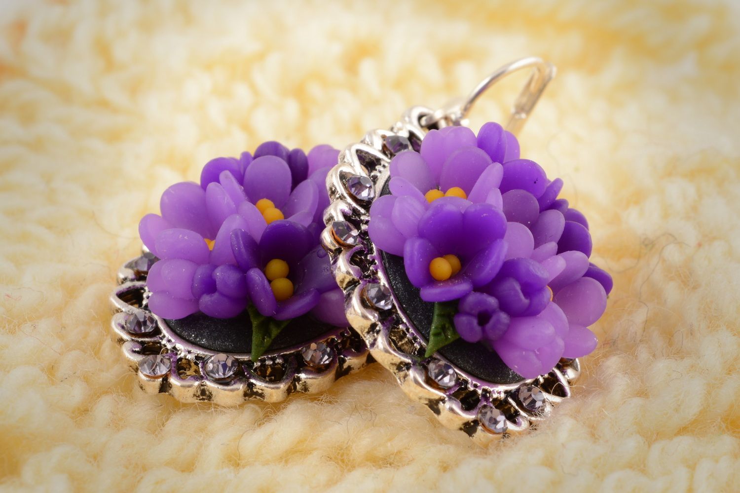 Festive handmade violet cute stylish flower earrings made of polymer clay photo 1