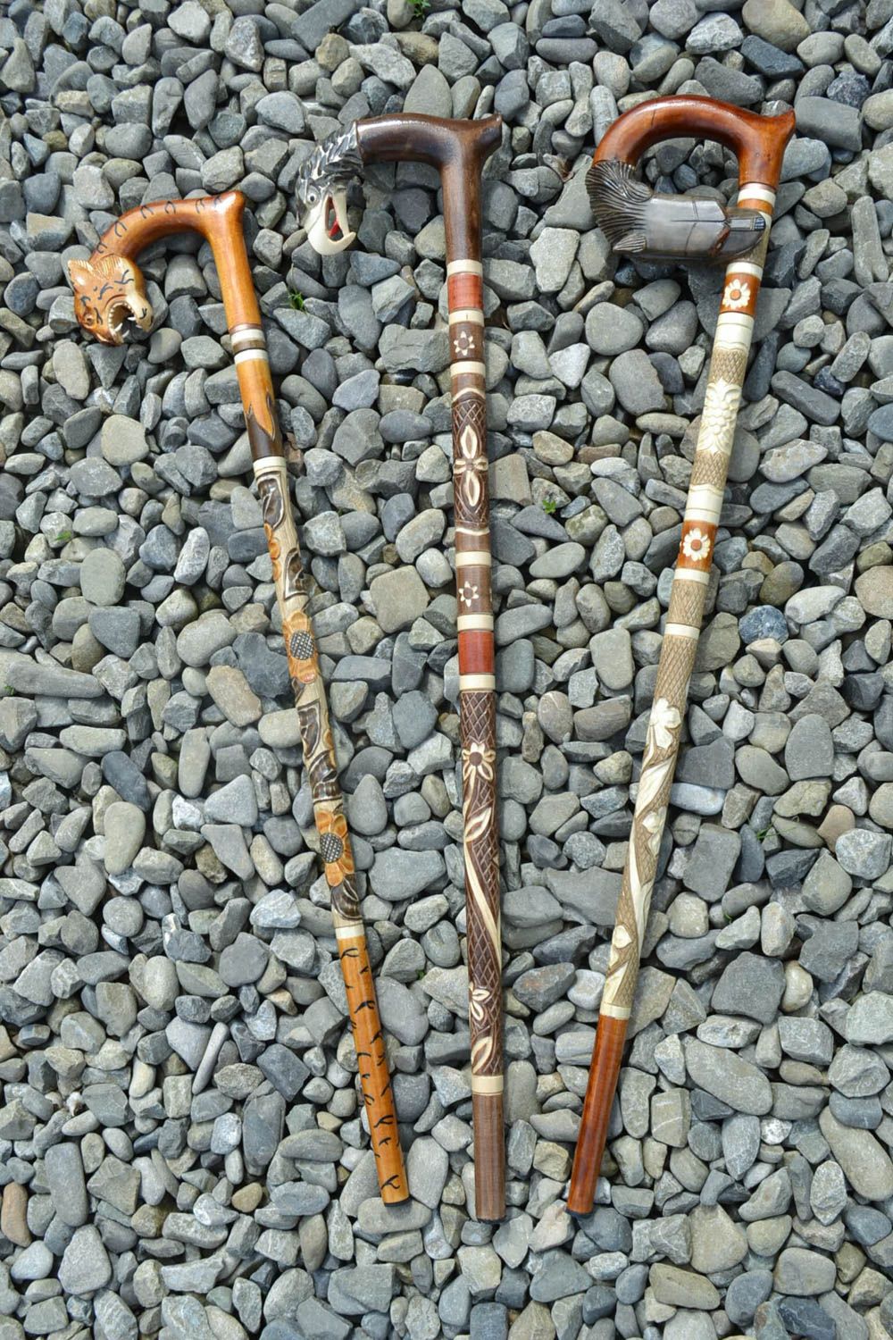 Set of 3 handmade art carved wooden walking sticks with animal heads handles photo 1