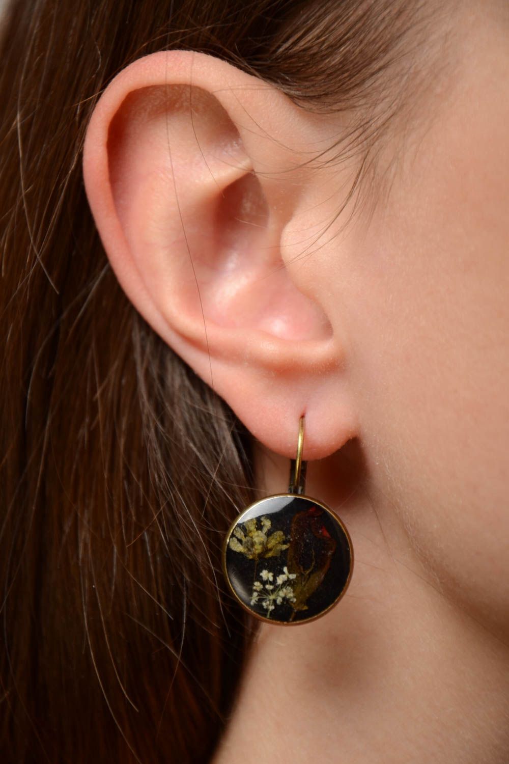 Original homemade round dark earrings with living plants inside photo 2