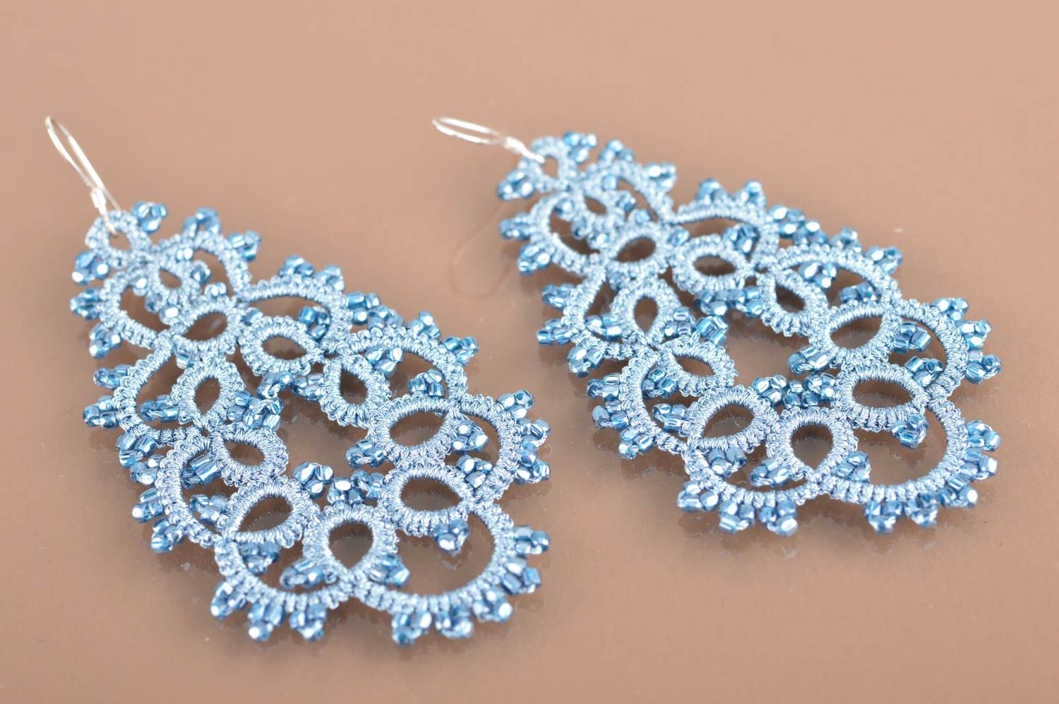 Homemade designer large light blue festive lacy tatted earrings with beads photo 2