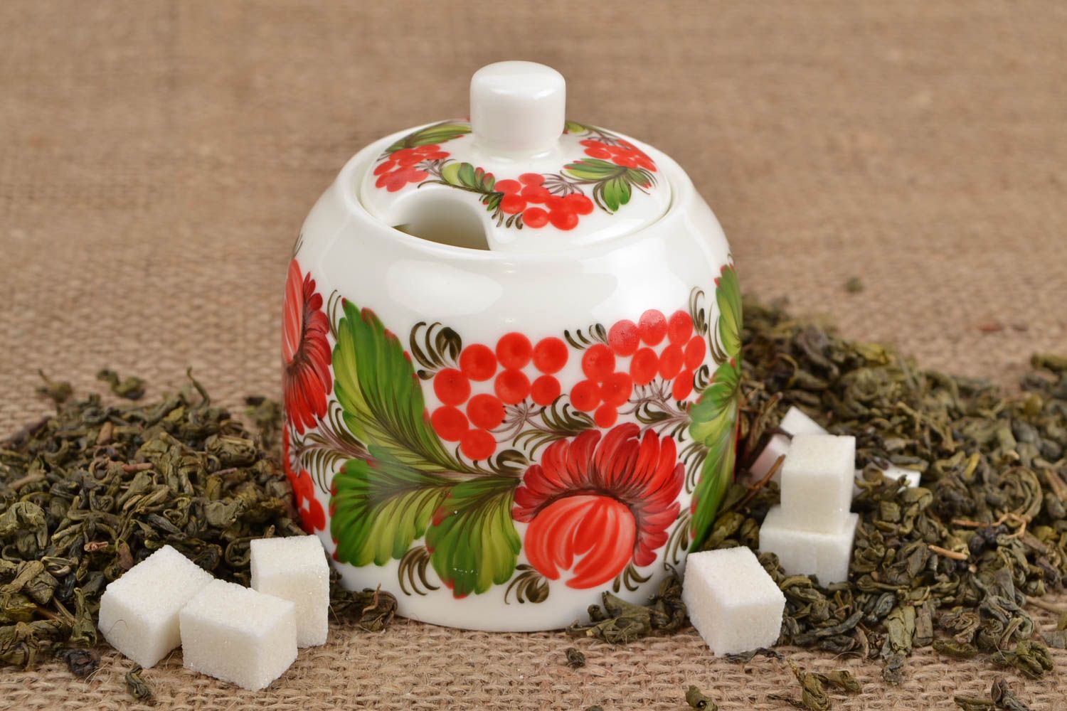 Handmade ceramic sugar bowl porcelain sugar bowl with painting kitchen decor photo 1