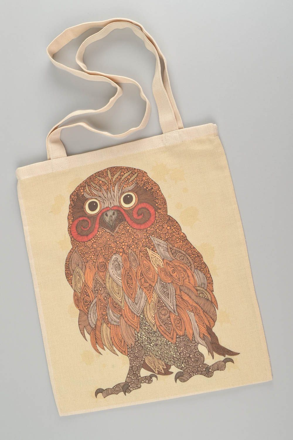 Handmade designer women's fabric bag with image of brown owl photo 2