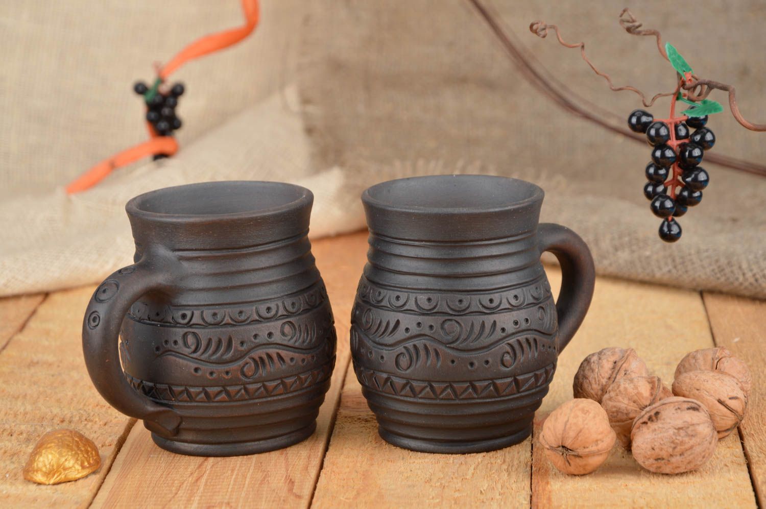 Set of dark brown two 16 oz cups with handle and rustic plain pattern photo 1