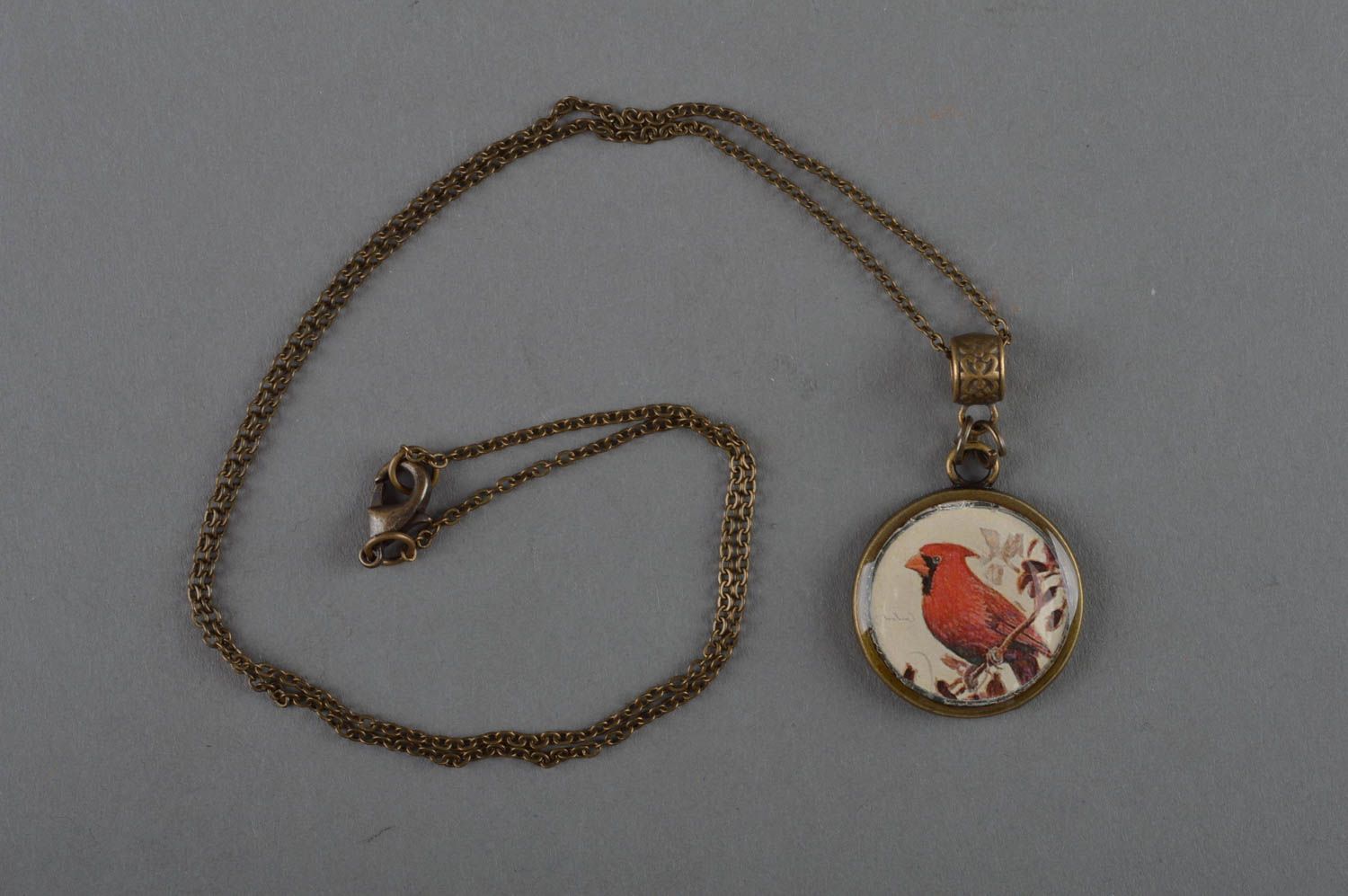 Unusual beautiful handmade designer decoupage neck pendant with long chain Bird photo 1