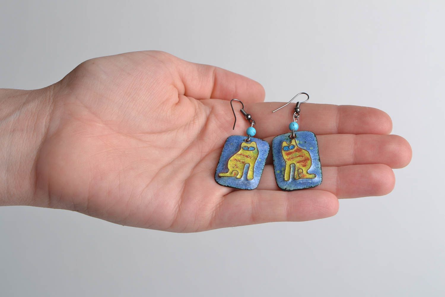 Handmade enameled copper rectangular dangling earrings with funny yellow cats photo 2