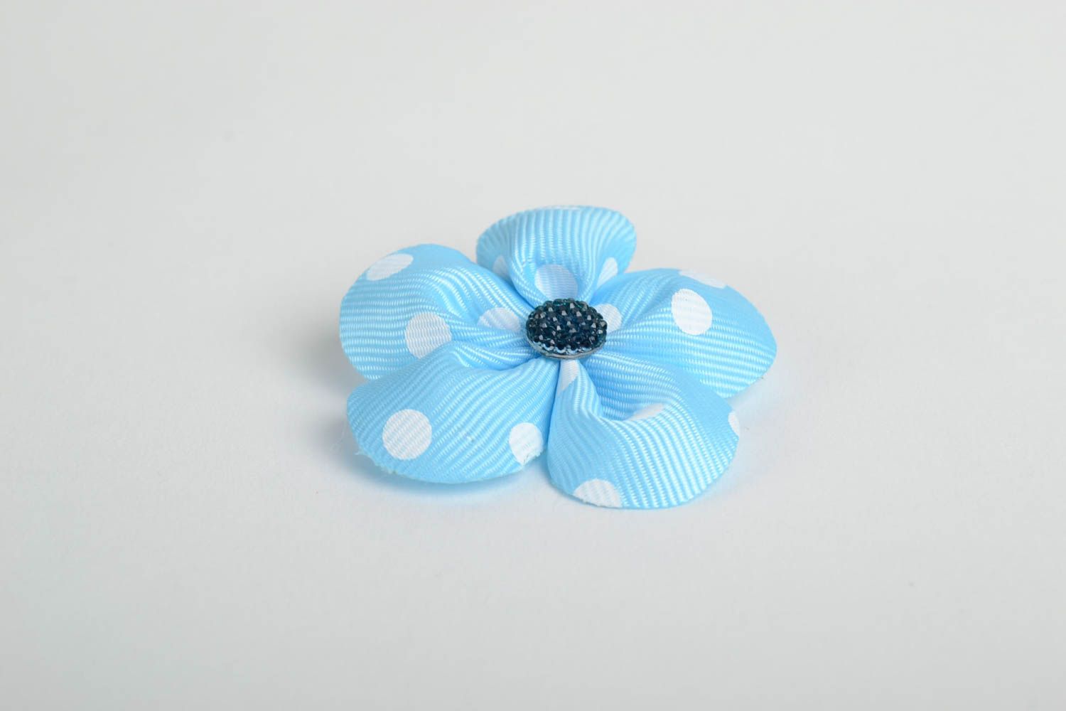 Homemade small decorative hair clip with ribbon flower in blue color with dots photo 4