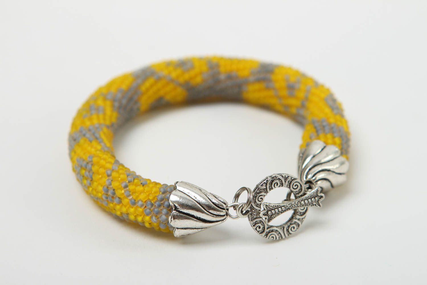 Gray and yellow color handmade beaded cord bracelet with metal fittings photo 3