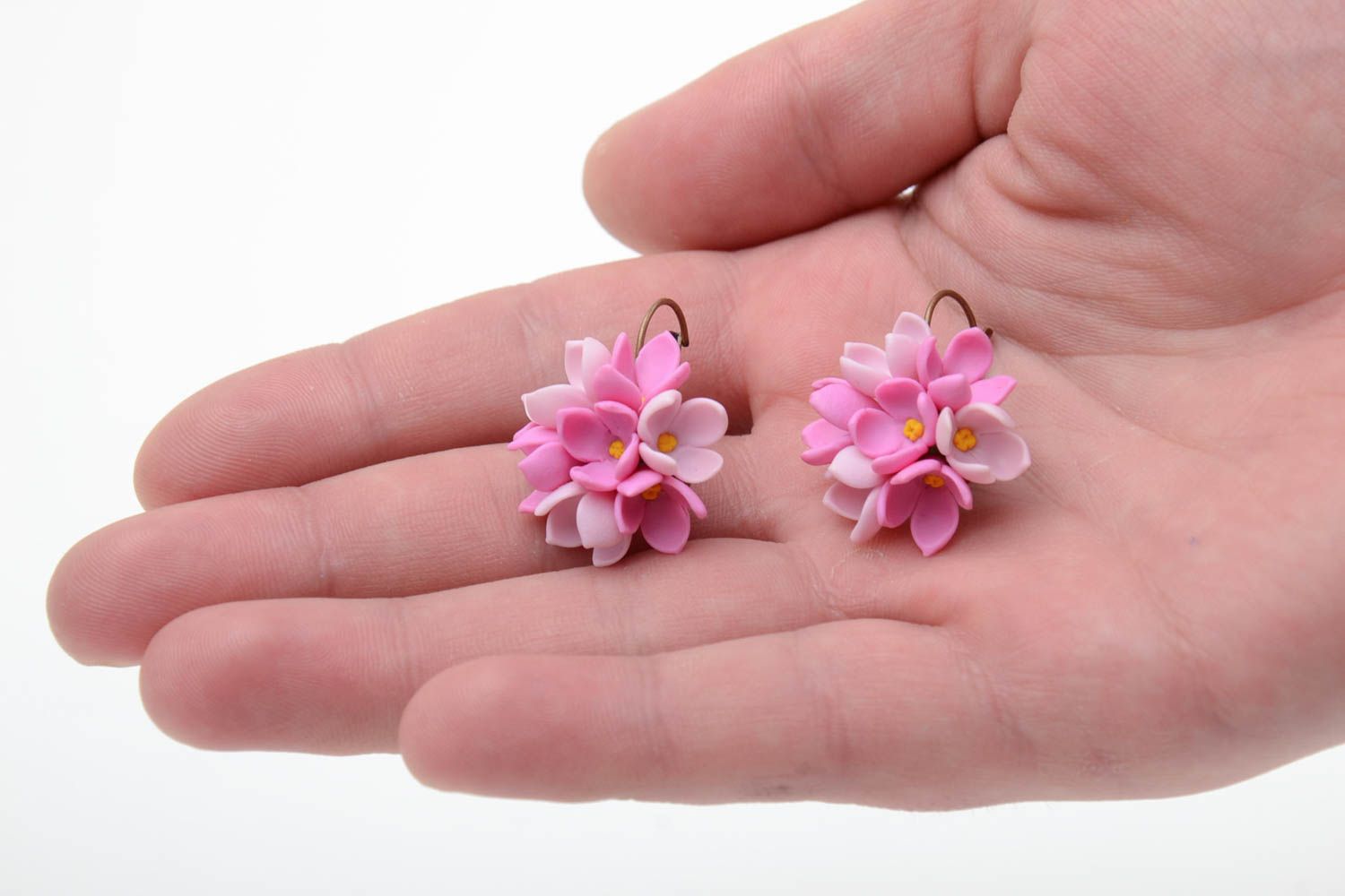 Handmade small festive earrings with tender pink cold porcelain lilac flowers photo 2