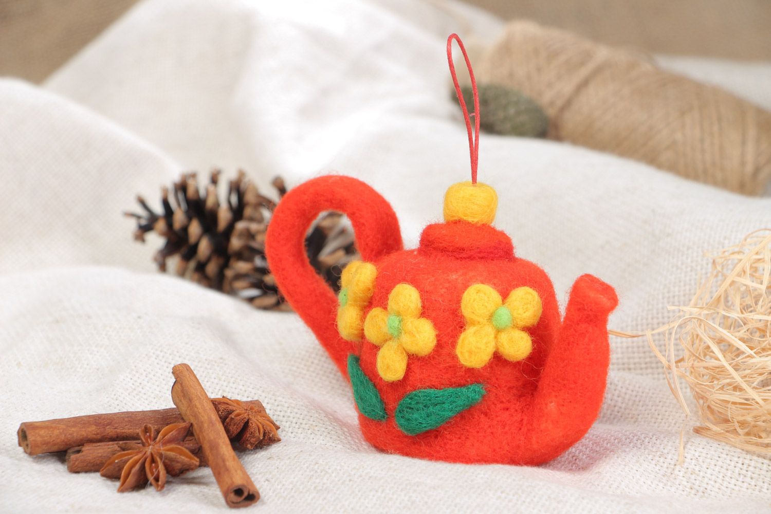 Handmade designer soft toy felted of wood Red Teapot with eyelet for hanging photo 1