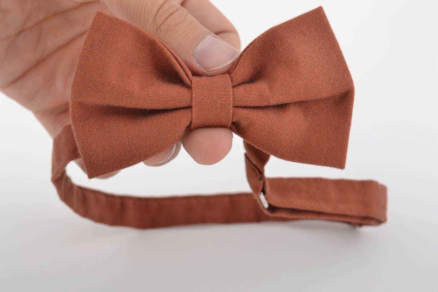 Unusual beautiful handmade designer fabric bow tie of brown color photo 4