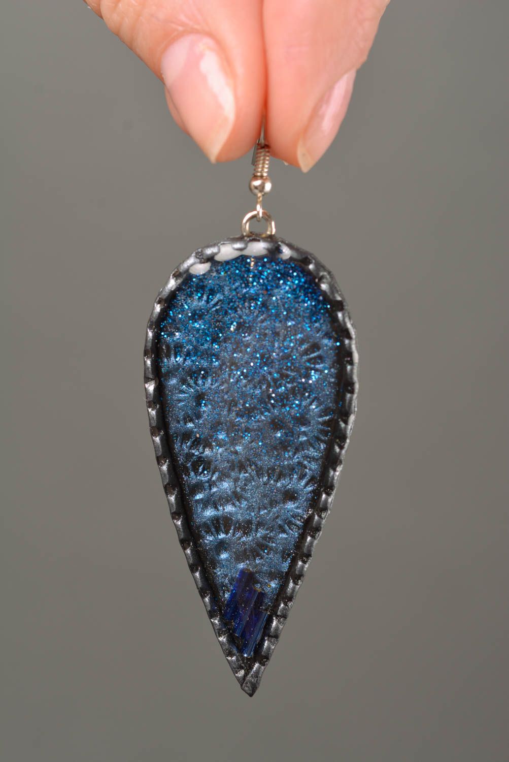 Handmade dark blue long dangle polymer clay earrings coated with epoxy resin photo 2