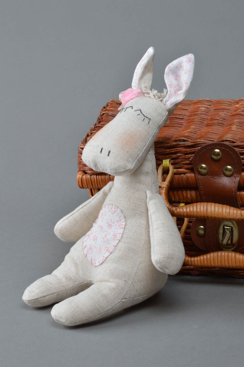Handmade linen and cotton fabric soft toy light sleepy donkey for kids and decor photo 2