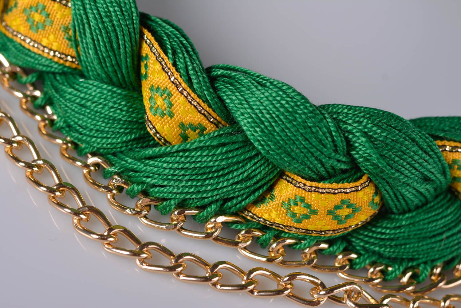 Колье коса ручной работы украшение на шею зеленое с желтым модная бижутерия фото 2