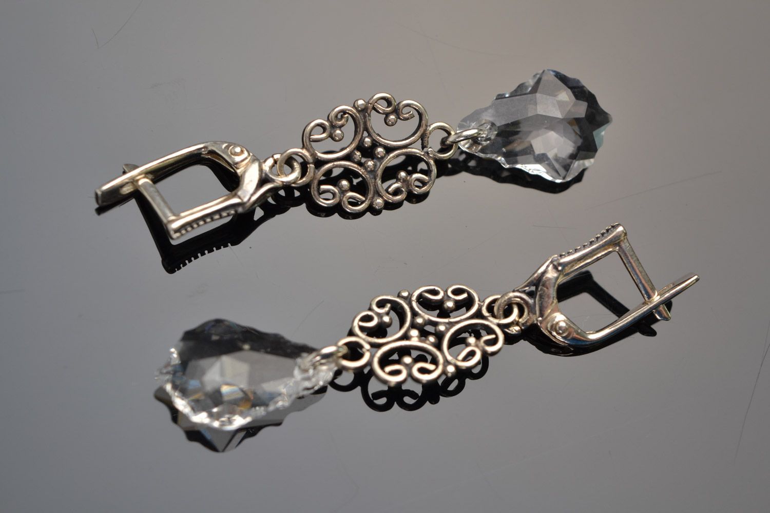 Transparent handmade designer long evening earrings with Austrian crystals photo 5