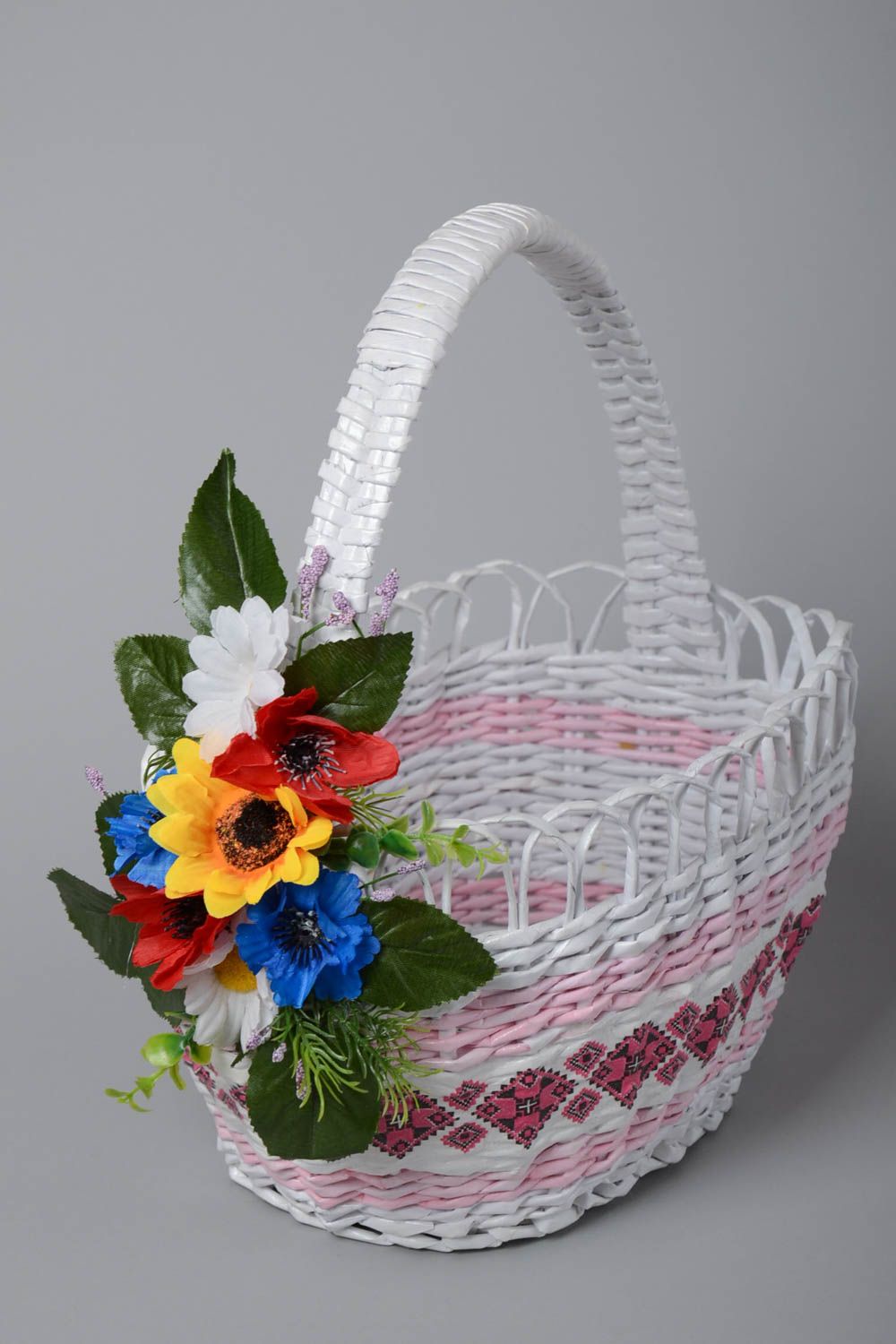 Handmade white-pink paper tubes basket with flowers for home interior decor photo 3