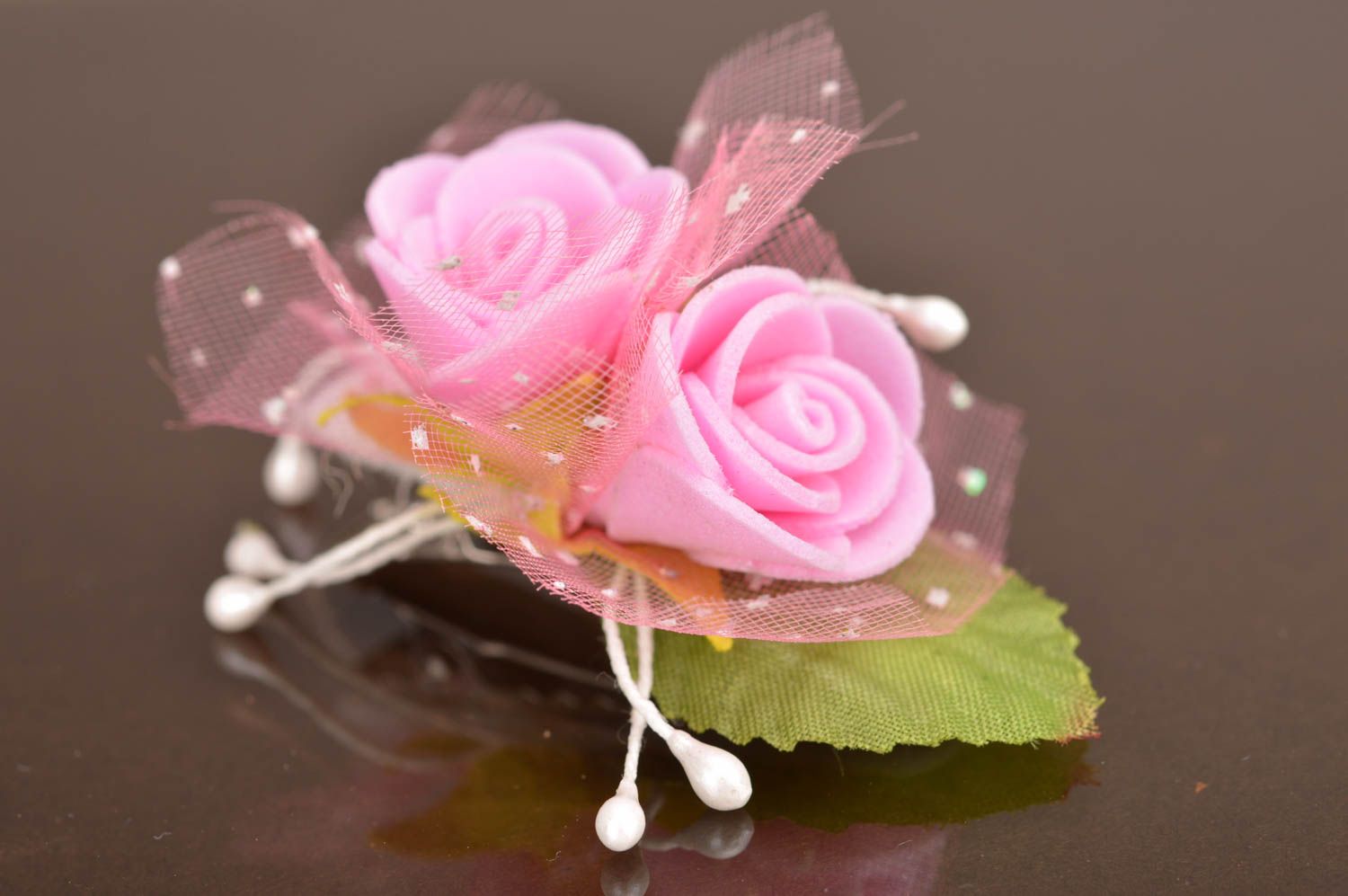 Pink hair clip made of artificial flowers and lace for little princesses  photo 2