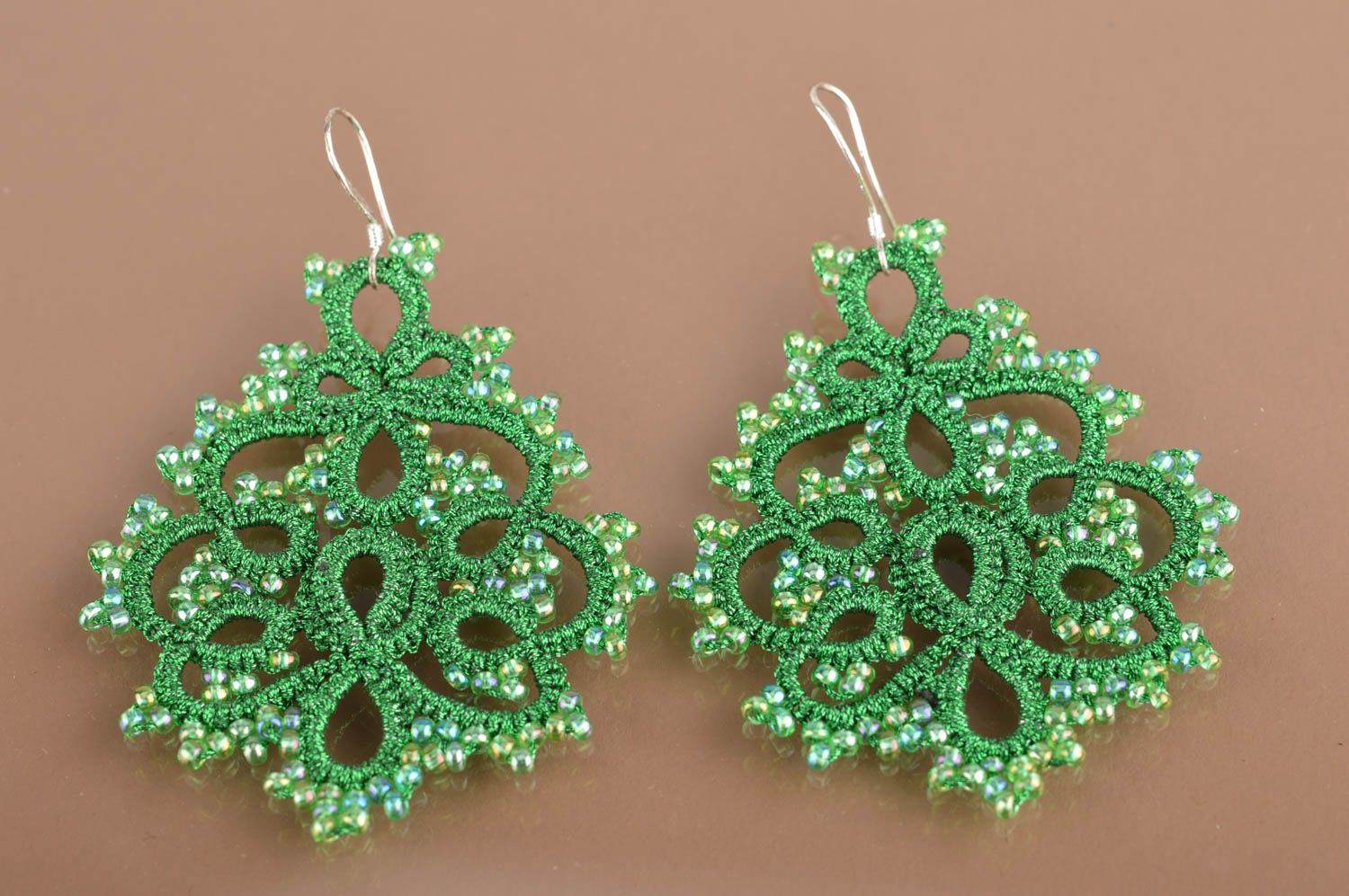 Handmade tatted earrings woven of dark green satin threads with Czech beads photo 2